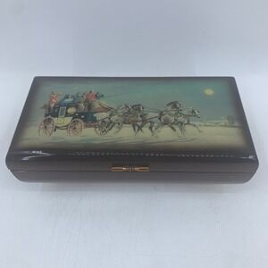 Vtg Italy Sorrento Reuge Jewelry Box Lacquered Wood Horse Drawn Carriage FLAW